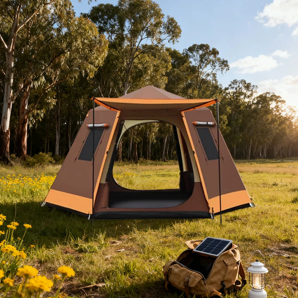 TREKKA Auto-Open Camping Tent with Full Aluminum Poles - Stable Structure, Dual Doors & Four Windows, Spacious 4-6 Person Shelter - Coffee