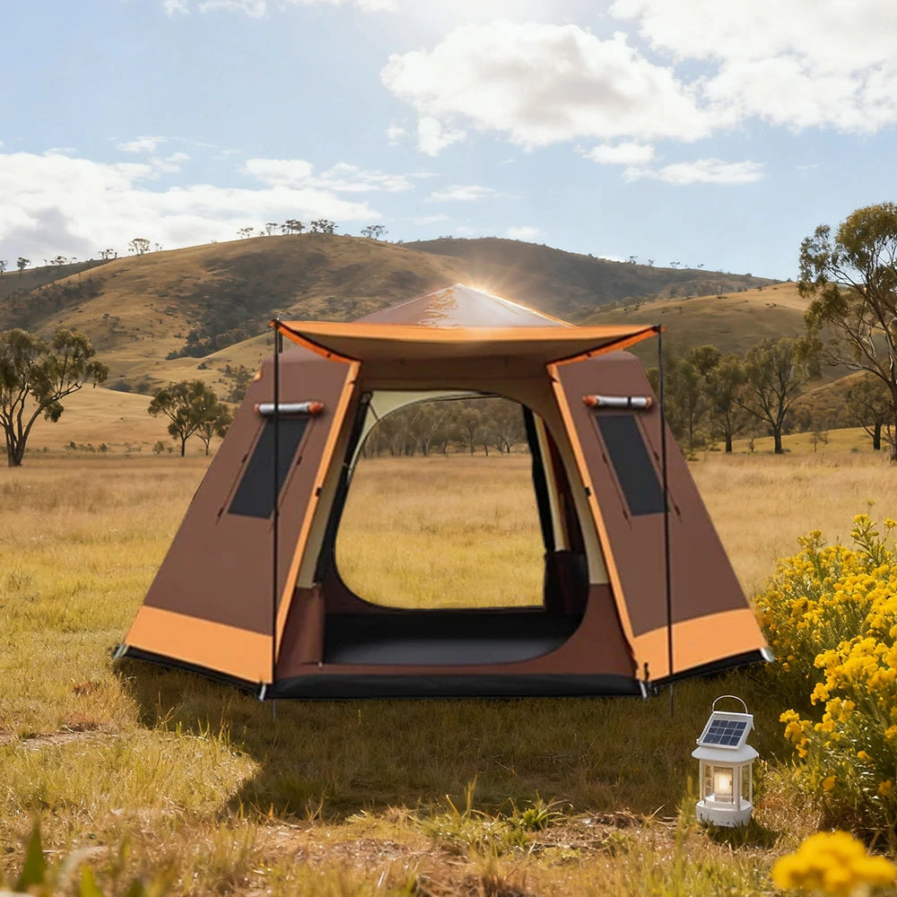 TREKKA Auto-Open Camping Tent with Full Aluminum Poles - Stable Structure, Dual Doors & Four Windows, Spacious 4-6 Person Shelter - Coffee