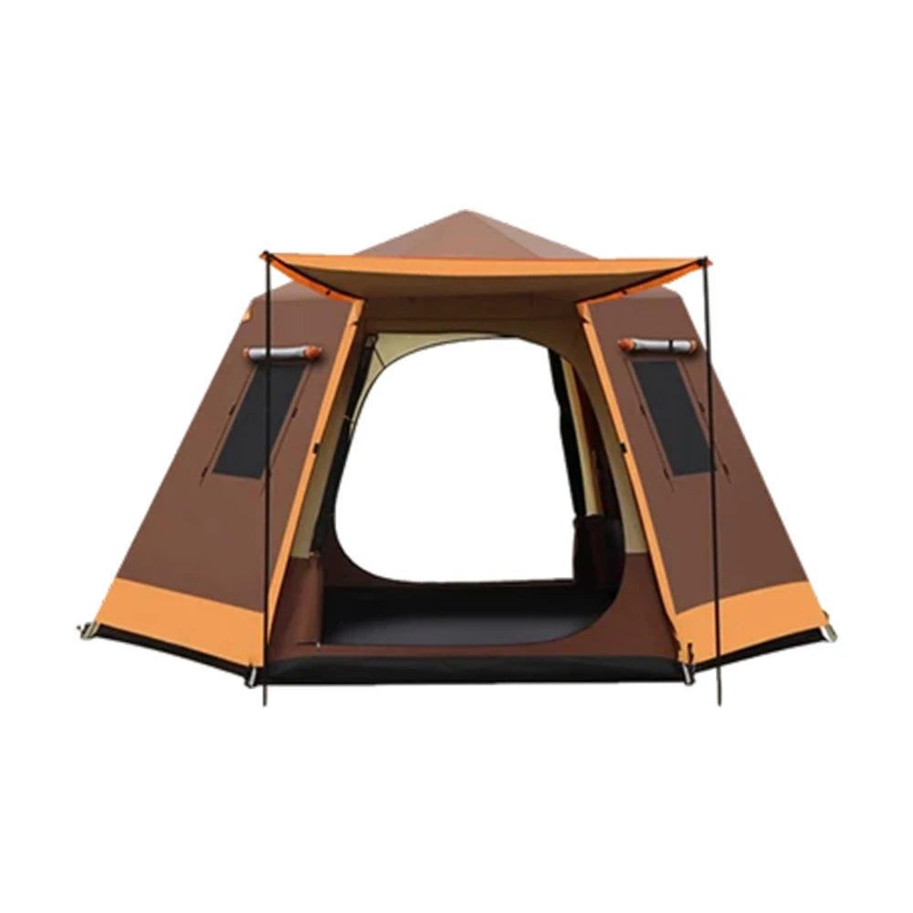 TREKKA Auto-Open Camping Tent with Full Aluminum Poles - Stable Structure, Dual Doors & Four Windows, Spacious 4-6 Person Shelter - Coffee