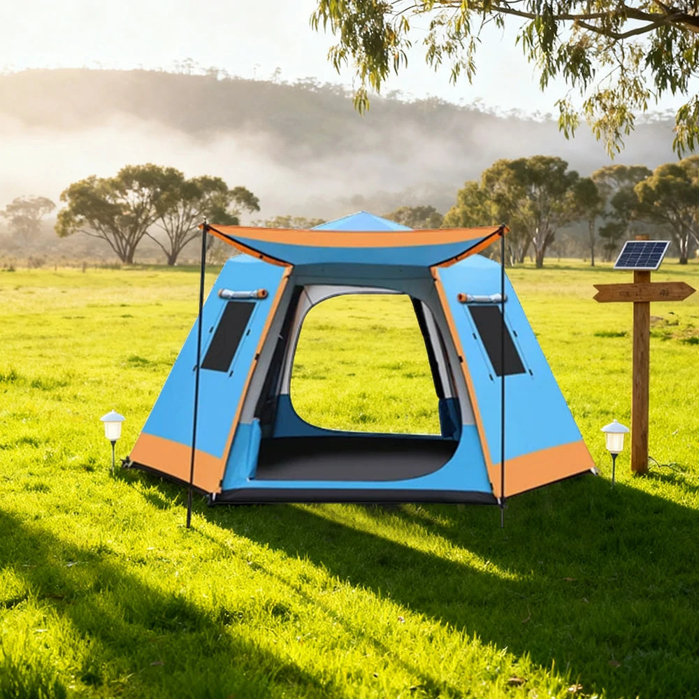 TREKKA Auto-Open Camping Tent with Full Aluminum Poles - Stable Structure, Dual Doors & Four Windows, Spacious 4-6 Person Shelter - Blue