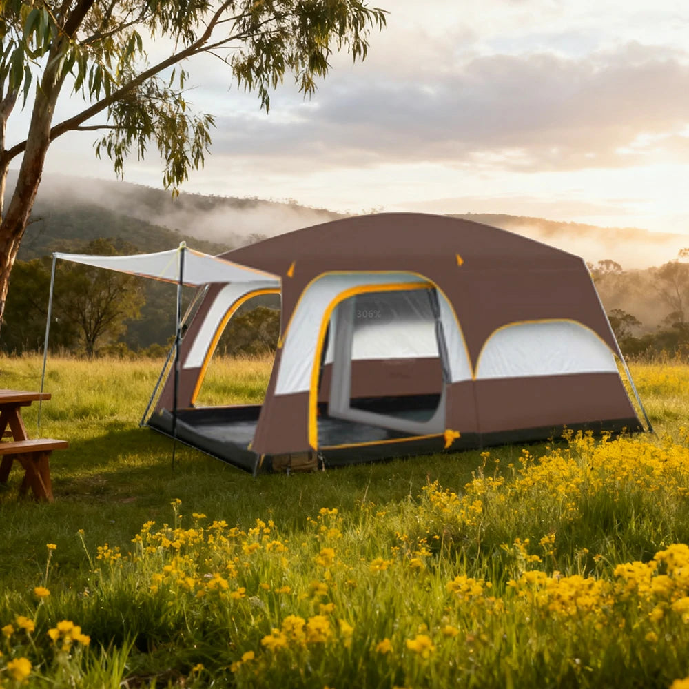 TREKKA Family Camping Tent for 2-6 People with Living Area - Double-Room Layout, Ventilated Design, Comfortable Outdoor Shelter - Coffee