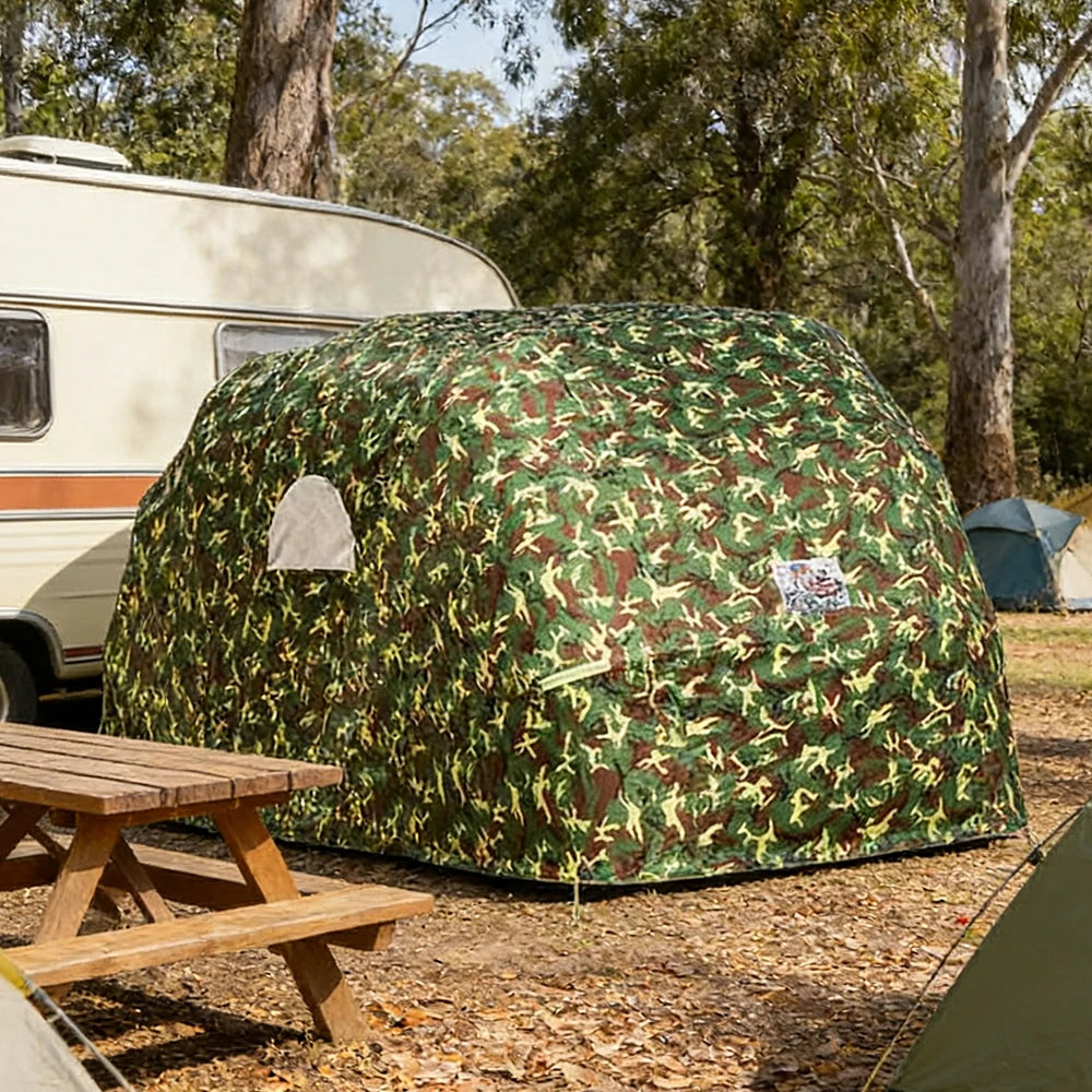 TREKKA Manual Car Canopy - 5.6/6m Upgraded Galvanized Steel Frame with Reinforced Structure, Waterproof & UV-Resistant Fabric, Wind-Stable Design - Camouflage