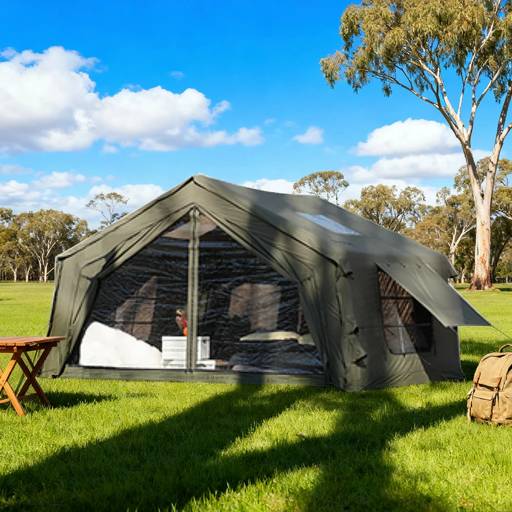 TREKKA 10 Square Meter Camping Tent - Durable Poly-Cotton Fabric, Panoramic TPU Windows, Spacious Interior, All-Season Outdoor Shelter - Army Green