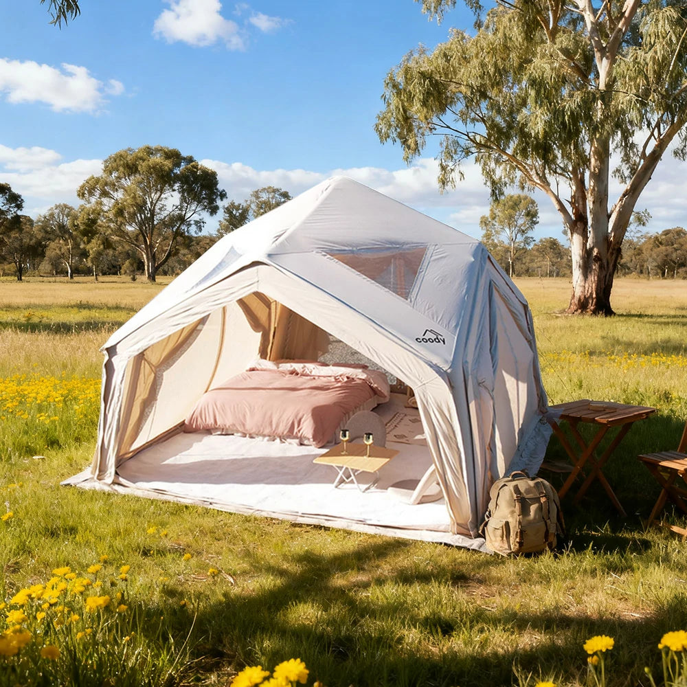 TREKKA 13 Square Meter Hub Station Camping Tent - Multi-Side Expandable Design, Panoramic Mesh Windows, Spacious All-Season Shelter - Golden Sand
