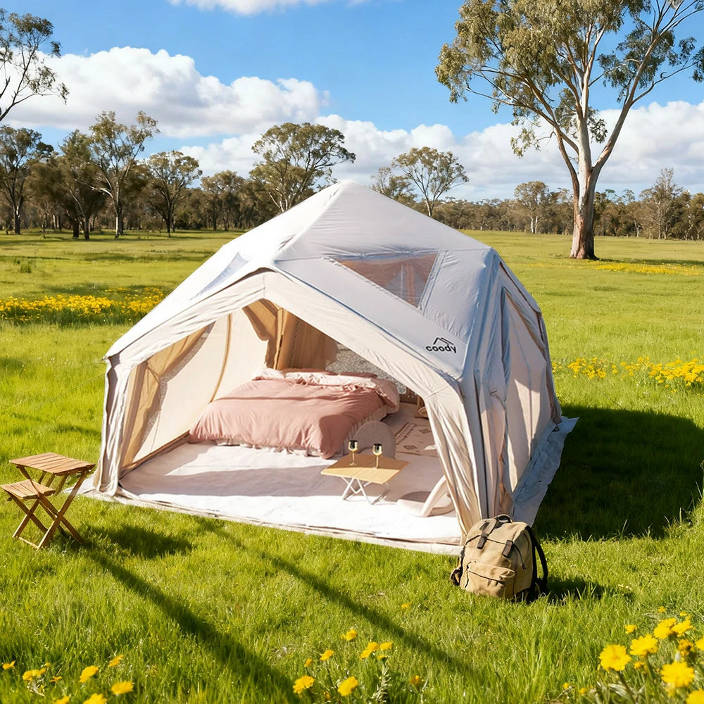 TREKKA 13 Square Meter Hub Station Camping Tent - Multi-Side Expandable Design, Panoramic Mesh Windows, Spacious All-Season Shelter - Golden Sand
