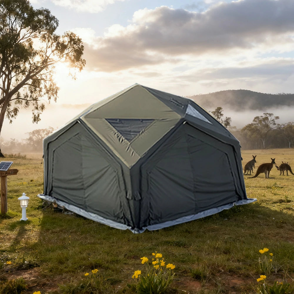 TREKKA 13 Square Meter Hub Station Camping Tent - Multi-Side Expandable Design, Panoramic Mesh Windows, Spacious All-Season Shelter - Army Green