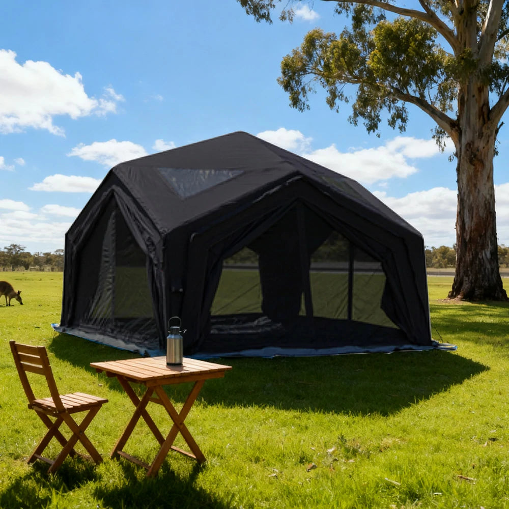 TREKKA 13 Square Meter Hub Station Camping Tent - Multi-Side Expandable Design, Panoramic Mesh Windows, Spacious All-Season Shelter - Black