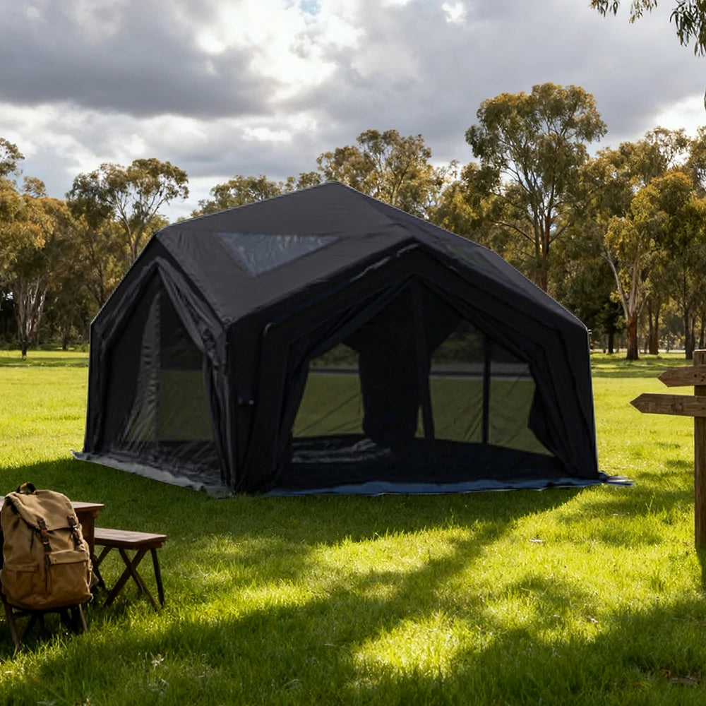 TREKKA 13 Square Meter Hub Station Camping Tent - Multi-Side Expandable Design, Panoramic Mesh Windows, Spacious All-Season Shelter - Black
