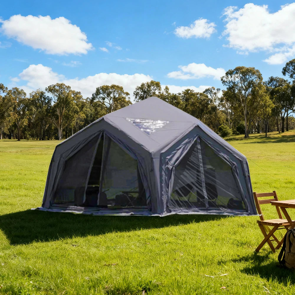 TREKKA 13 Square Meter Hub Station Camping Tent - Multi-Side Expandable Design, Panoramic Mesh Windows, Spacious All-Season Shelter - Grey