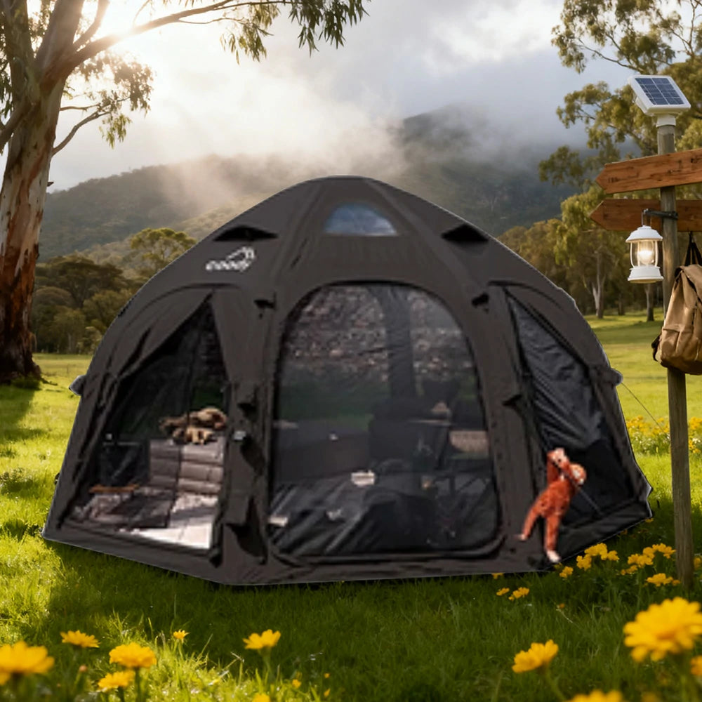 TREKKA Dome Camping Tent - Durable Weather-Resistant Fabric, Panoramic Ventilation Windows, Easy Inflatable Setup, Includes Rolling Carry Bag - Black
