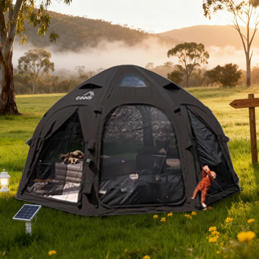 TREKKA Dome Camping Tent - Durable Weather-Resistant Fabric, Panoramic Ventilation Windows, Easy Inflatable Setup, Includes Rolling Carry Bag - Black