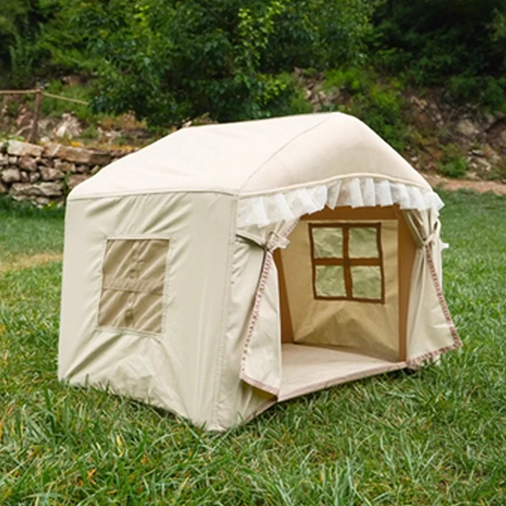 TREKKA Inflatable Pet Tent - Quick-Inflate PVC Air Columns, Removable Washable Fabric, Breathable Mesh Windows, Lightweight Indoor & Outdoor Use - Beige