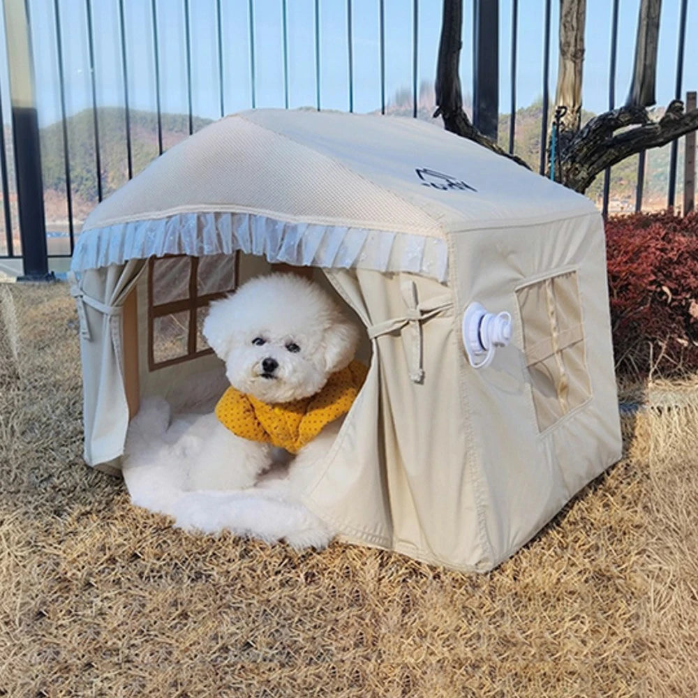 TREKKA Inflatable Pet Tent - Quick-Inflate PVC Air Columns, Removable Washable Fabric, Breathable Mesh Windows, Lightweight Indoor & Outdoor Use - Beige