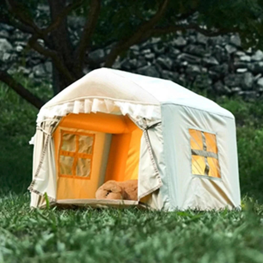 TREKKA Inflatable Pet Tent - Quick-Inflate PVC Air Columns, Removable Washable Fabric, Breathable Mesh Windows, Lightweight Indoor & Outdoor Use - Beige