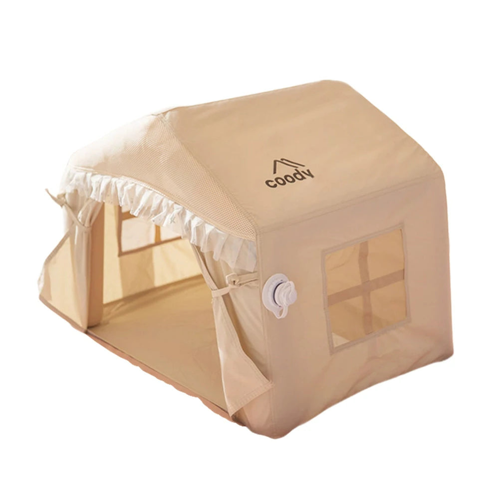 TREKKA Inflatable Pet Tent - Quick-Inflate PVC Air Columns, Removable Washable Fabric, Breathable Mesh Windows, Lightweight Indoor & Outdoor Use - Beige
