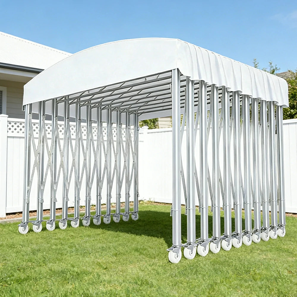 TREKKA Outdoor Retractable Canopy Tent - 5/7/8m Heavy-Duty Telescopic Frame with Lockable Wheels, Waterproof & UV-Resistant Fabric, Space-Saving Design - White