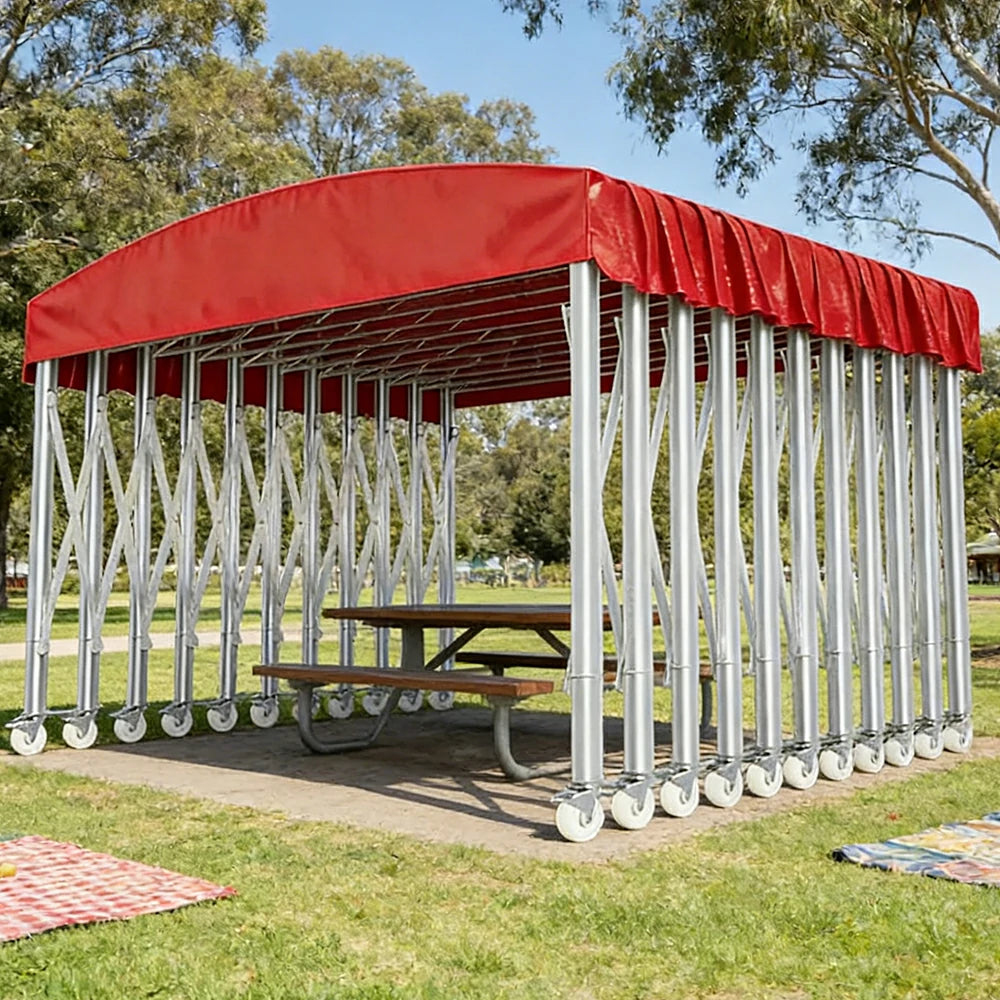 TREKKA Outdoor Retractable Canopy Tent - 5/7/8m Heavy-Duty Telescopic Frame with Lockable Wheels, Waterproof & UV-Resistant Fabric, Space-Saving Design - Red