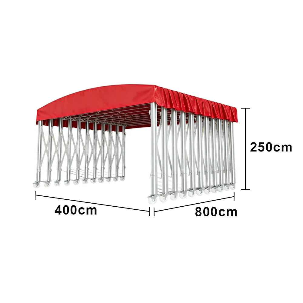 TREKKA Outdoor Retractable Canopy Tent - 5/7/8m Heavy-Duty Telescopic Frame with Lockable Wheels, Waterproof & UV-Resistant Fabric, Space-Saving Design - Red
