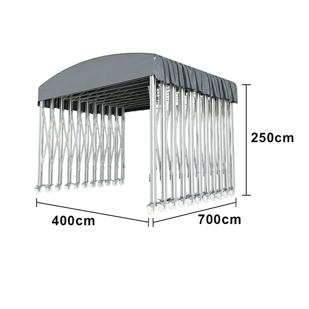 TREKKA Outdoor Retractable Canopy Tent - 5/7/8m Heavy-Duty Telescopic Frame with Lockable Wheels, Waterproof & UV-Resistant Fabric, Space-Saving Design - Grey