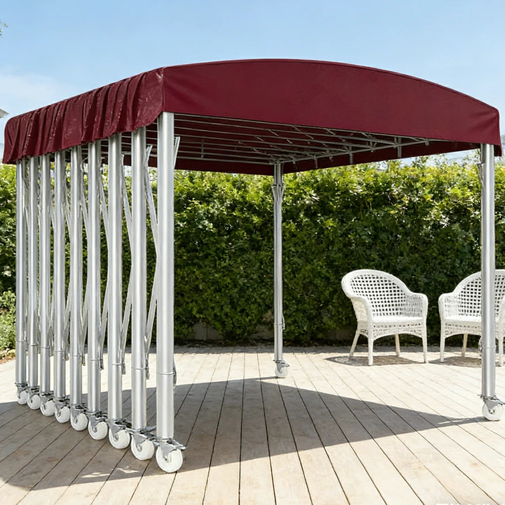 TREKKA Outdoor Retractable Canopy Tent - 5/7/8m Heavy-Duty Telescopic Frame with Lockable Wheels, Waterproof & UV-Resistant Fabric, Space-Saving Design - Wine Red