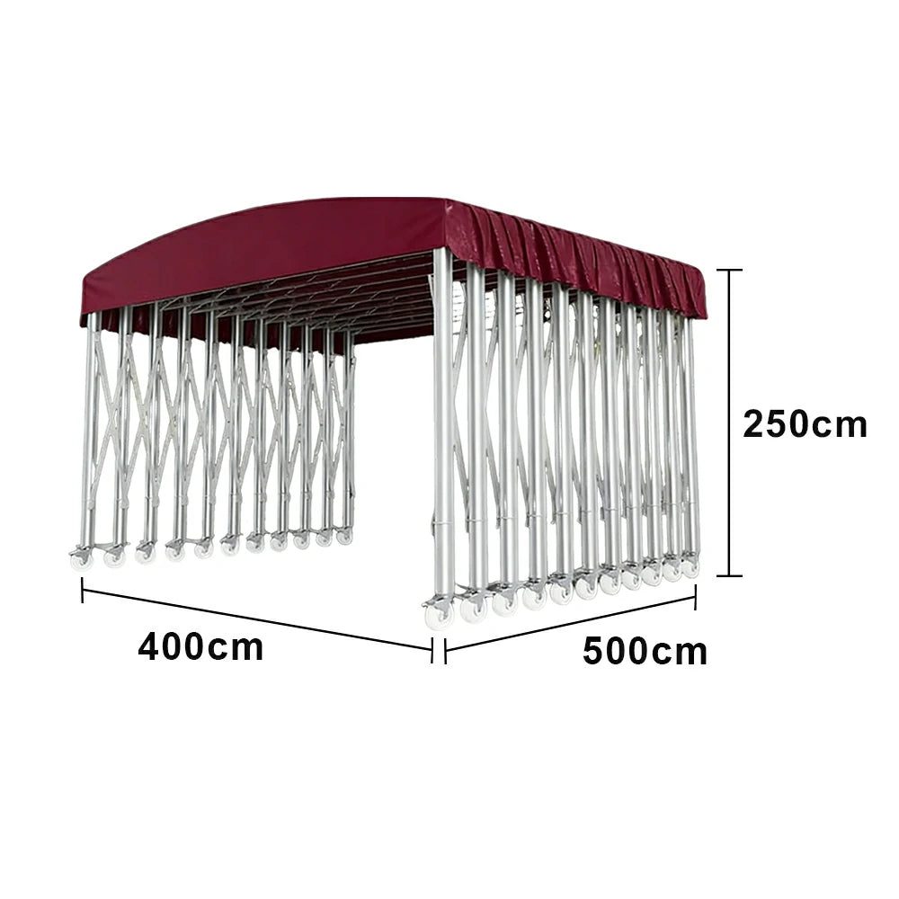 TREKKA Outdoor Retractable Canopy Tent - 5/7/8m Heavy-Duty Telescopic Frame with Lockable Wheels, Waterproof & UV-Resistant Fabric, Space-Saving Design - Wine Red