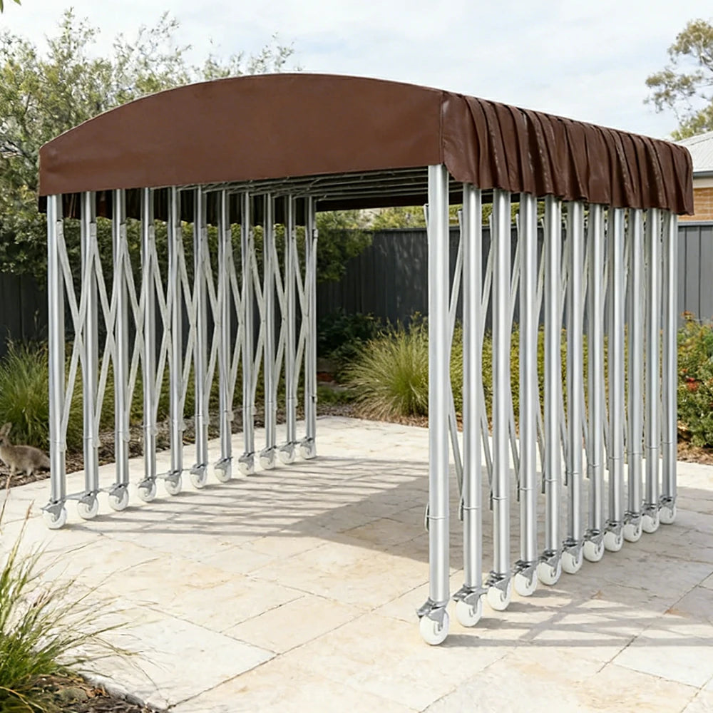 TREKKA Outdoor Retractable Canopy Tent - 5/7/8m Heavy-Duty Telescopic Frame with Lockable Wheels, Waterproof & UV-Resistant Fabric, Space-Saving Design - Coffee