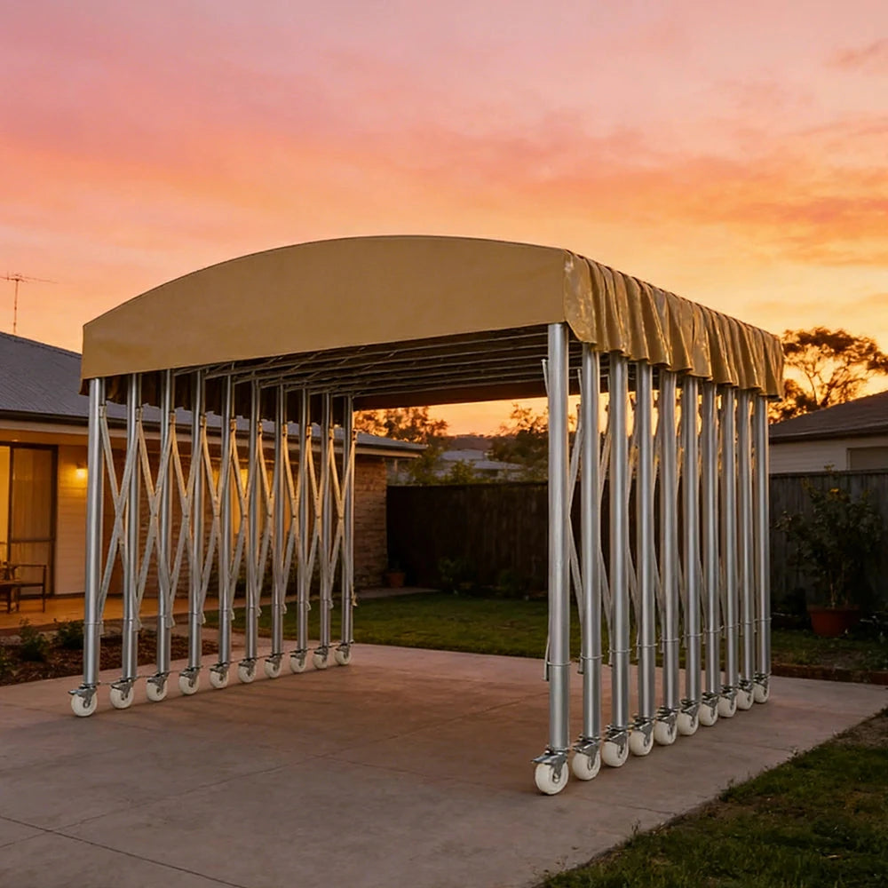 TREKKA Outdoor Retractable Canopy Tent - 5/7/8m Heavy-Duty Telescopic Frame with Lockable Wheels, Waterproof & UV-Resistant Fabric, Space-Saving Design - Khaki