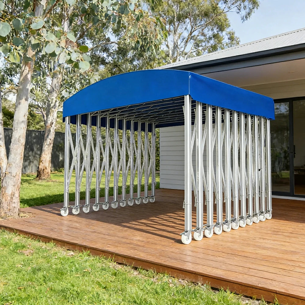 TREKKA Outdoor Retractable Canopy Tent - 5/7/8m Heavy-Duty Telescopic Frame with Lockable Wheels, Waterproof & UV-Resistant Fabric, Space-Saving Design - Blue