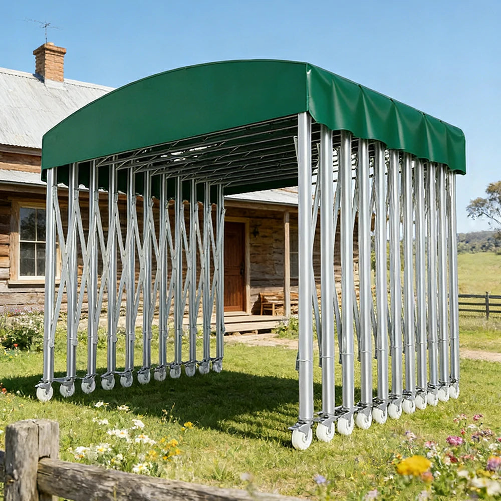 TREKKA Outdoor Retractable Canopy Tent - 5/7/8m Heavy-Duty Telescopic Frame with Lockable Wheels, Waterproof & UV-Resistant Fabric, Space-Saving Design - Green