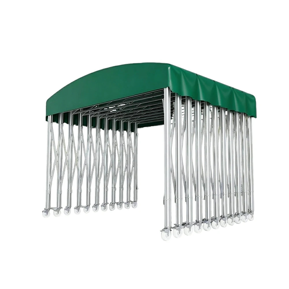 TREKKA Outdoor Retractable Canopy Tent - 5/7/8m Heavy-Duty Telescopic Frame with Lockable Wheels, Waterproof & UV-Resistant Fabric, Space-Saving Design - Green