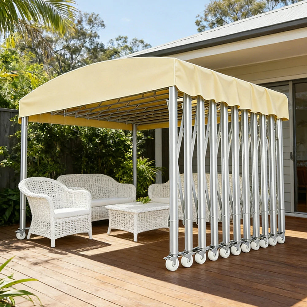 TREKKA Outdoor Retractable Canopy Tent - 5/7/8m Heavy-Duty Telescopic Frame with Lockable Wheels, Waterproof & UV-Resistant Fabric, Space-Saving Design - Beige