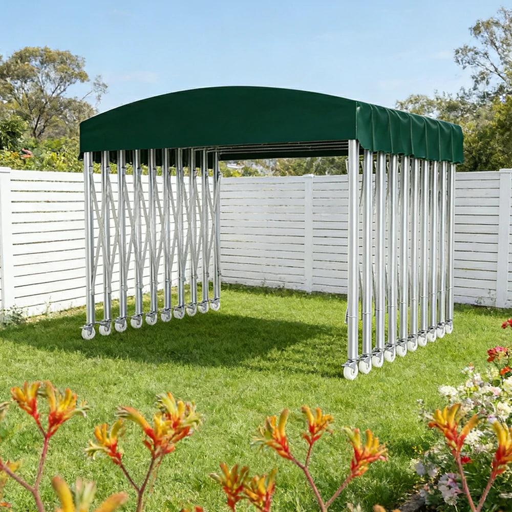 TREKKA Outdoor Retractable Canopy Tent - 5/7/8m Heavy-Duty Telescopic Frame with Lockable Wheels, Waterproof & UV-Resistant Fabric, Space-Saving Design - Dark Green