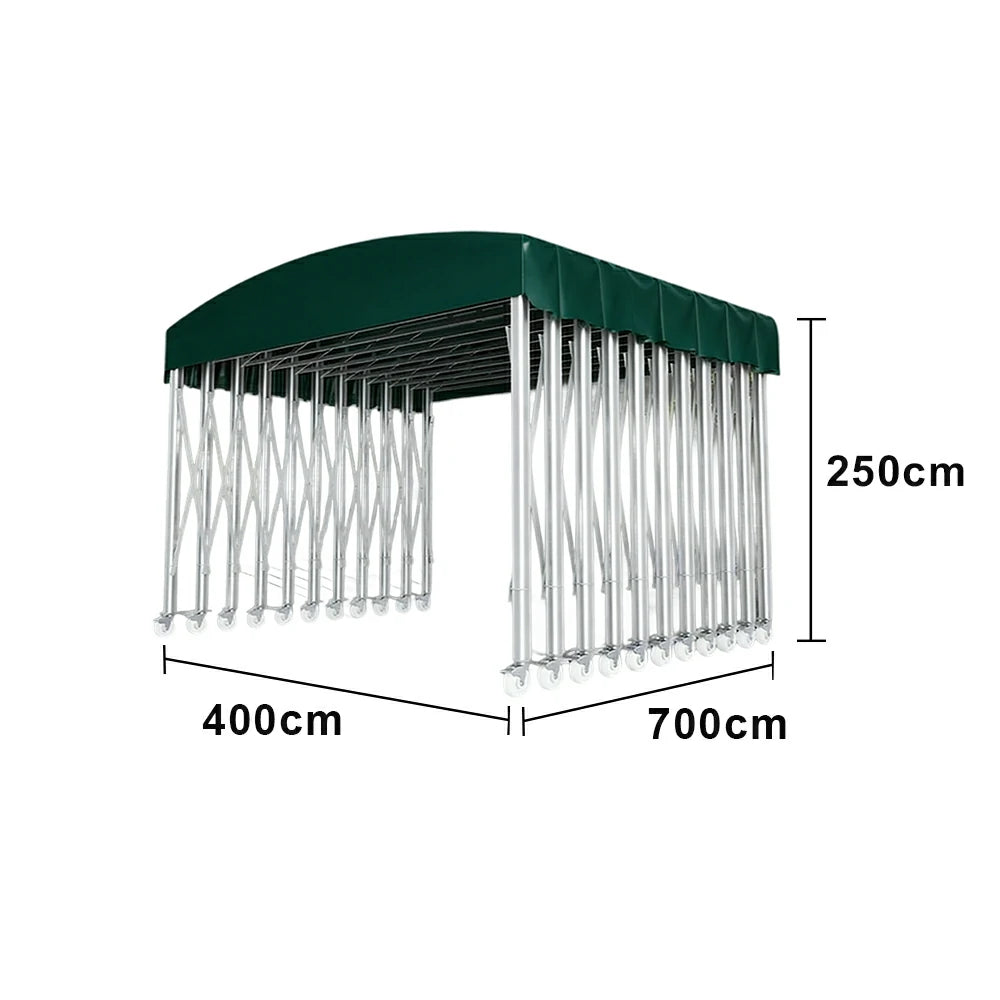 TREKKA Outdoor Retractable Canopy Tent - 5/7/8m Heavy-Duty Telescopic Frame with Lockable Wheels, Waterproof & UV-Resistant Fabric, Space-Saving Design - Dark Green