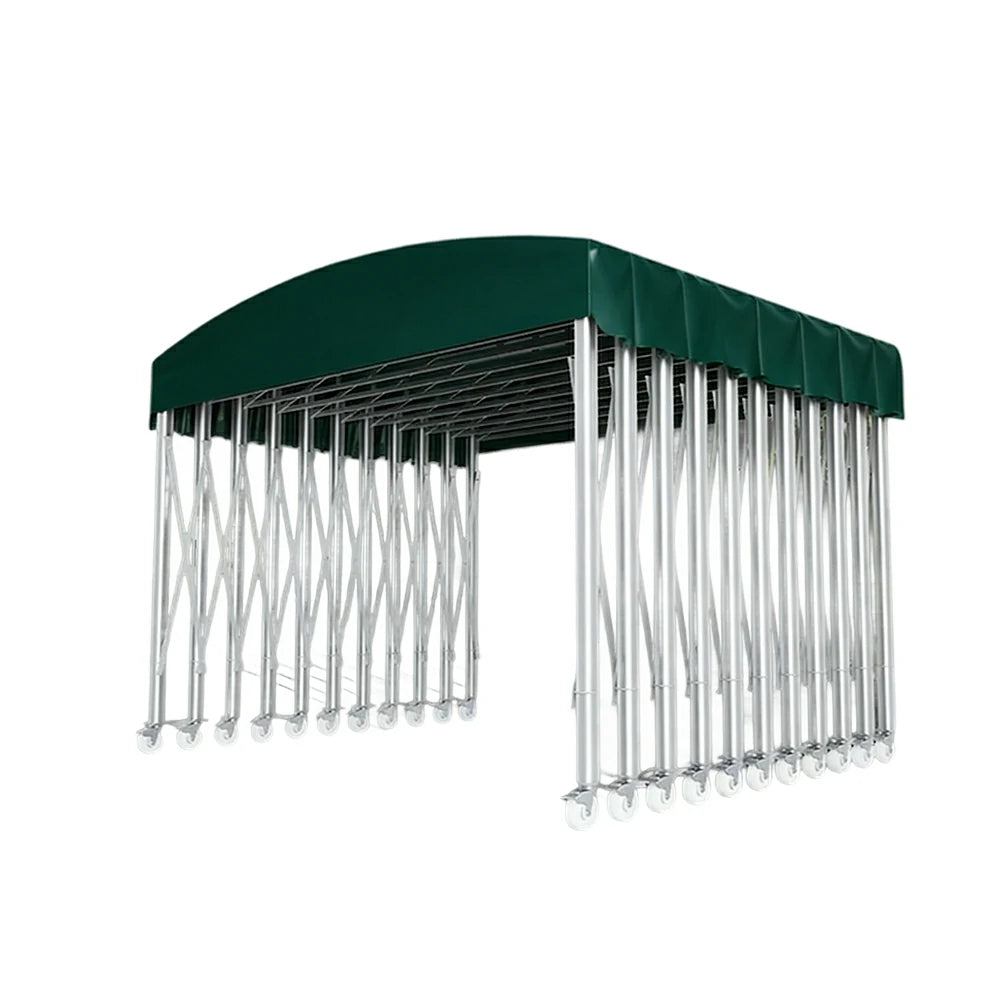 TREKKA Outdoor Retractable Canopy Tent - 5/7/8m Heavy-Duty Telescopic Frame with Lockable Wheels, Waterproof & UV-Resistant Fabric, Space-Saving Design - Dark Green