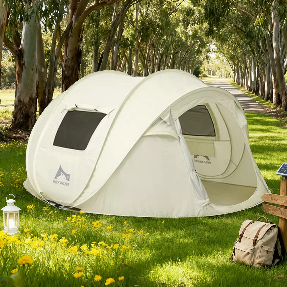 TREKKA Auto-Open Camping Tent with Front Awning Poles - Instant Setup, Oxford Fabric, Ventilated 4-6 Person Shelter - Cream