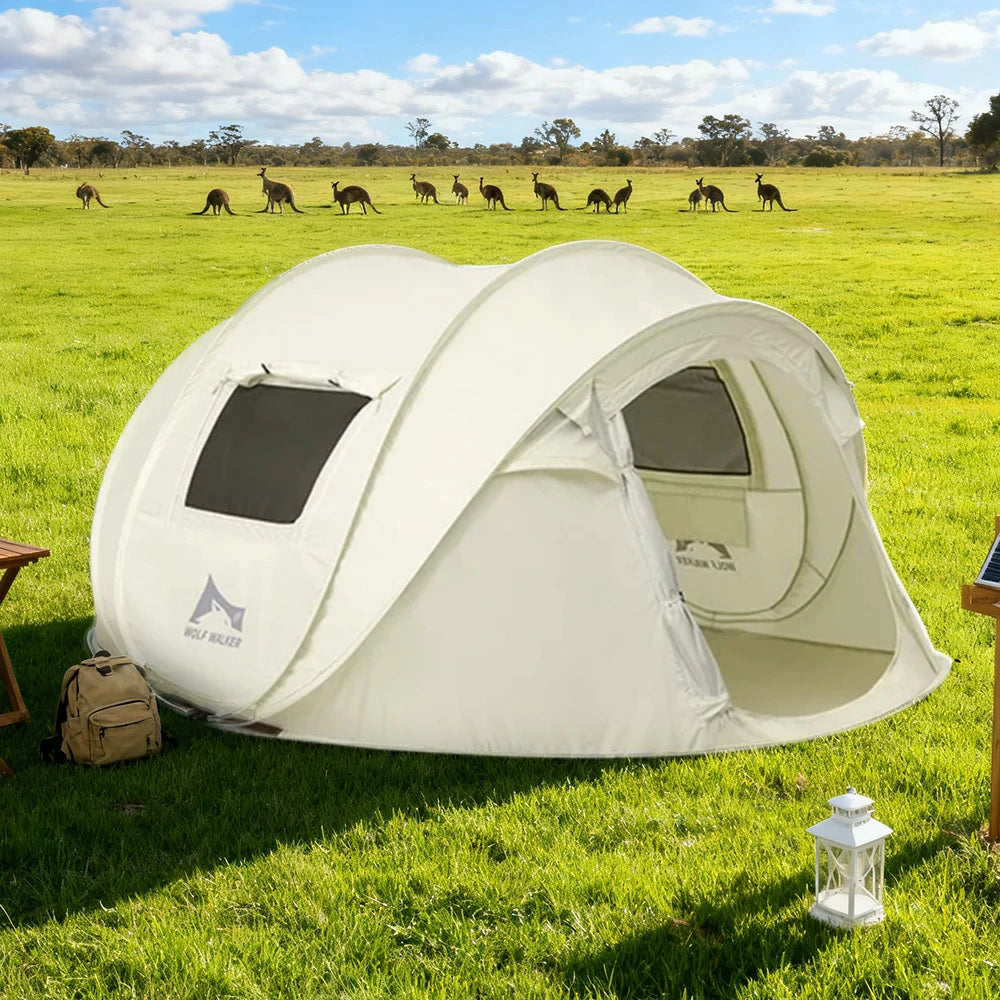 TREKKA Auto-Open Camping Tent with Front Awning Poles - Instant Setup, Oxford Fabric, Ventilated 4-6 Person Shelter - Cream