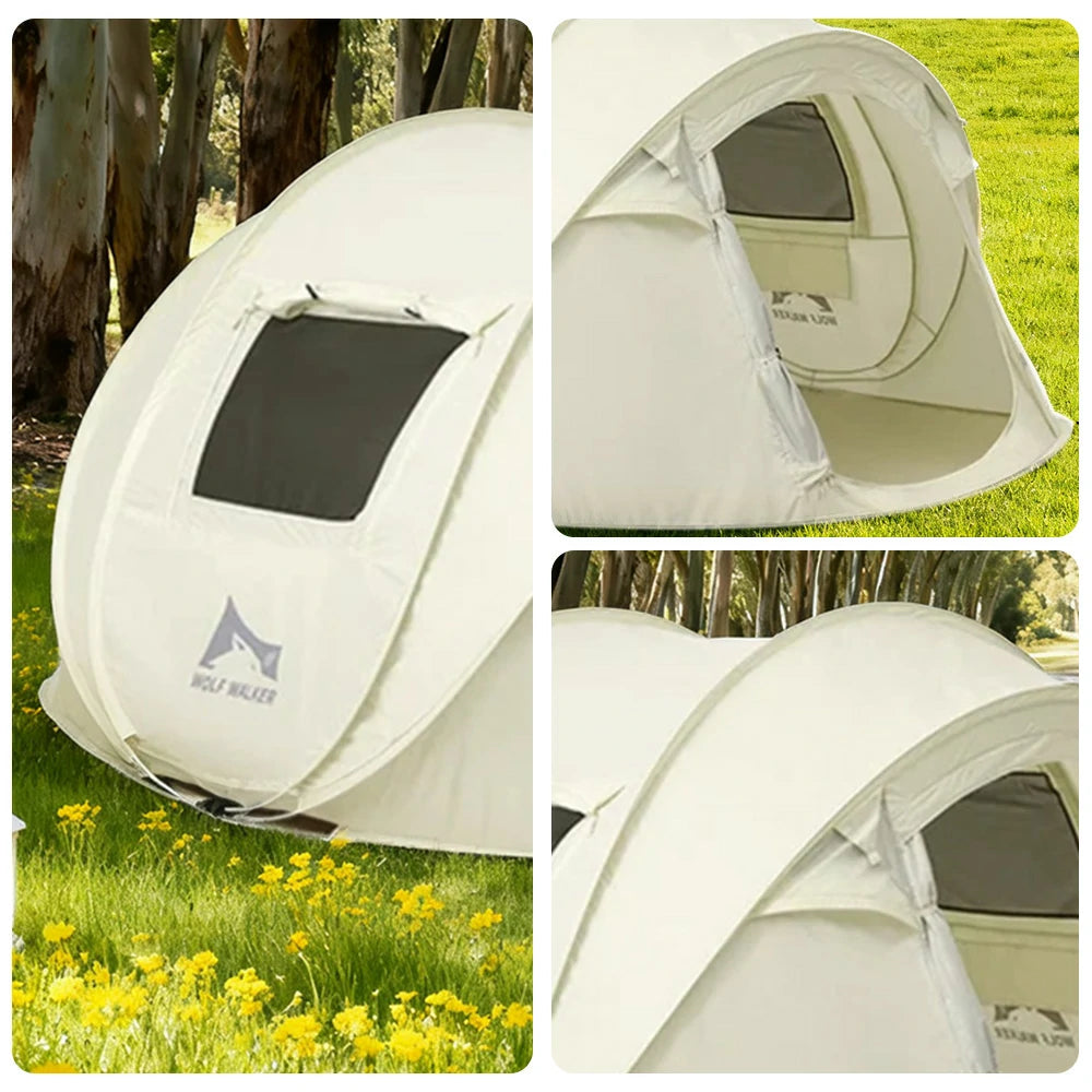 TREKKA Auto-Open Camping Tent with Front Awning Poles - Instant Setup, Oxford Fabric, Ventilated 4-6 Person Shelter - Cream