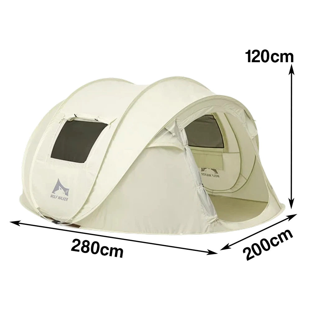 TREKKA Auto-Open Camping Tent with Front Awning Poles - Instant Setup, Oxford Fabric, Ventilated 4-6 Person Shelter - Cream