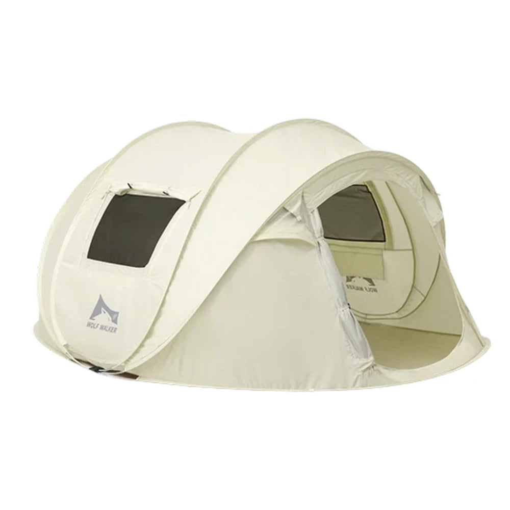 TREKKA Auto-Open Camping Tent with Front Awning Poles - Instant Setup, Oxford Fabric, Ventilated 4-6 Person Shelter - Cream