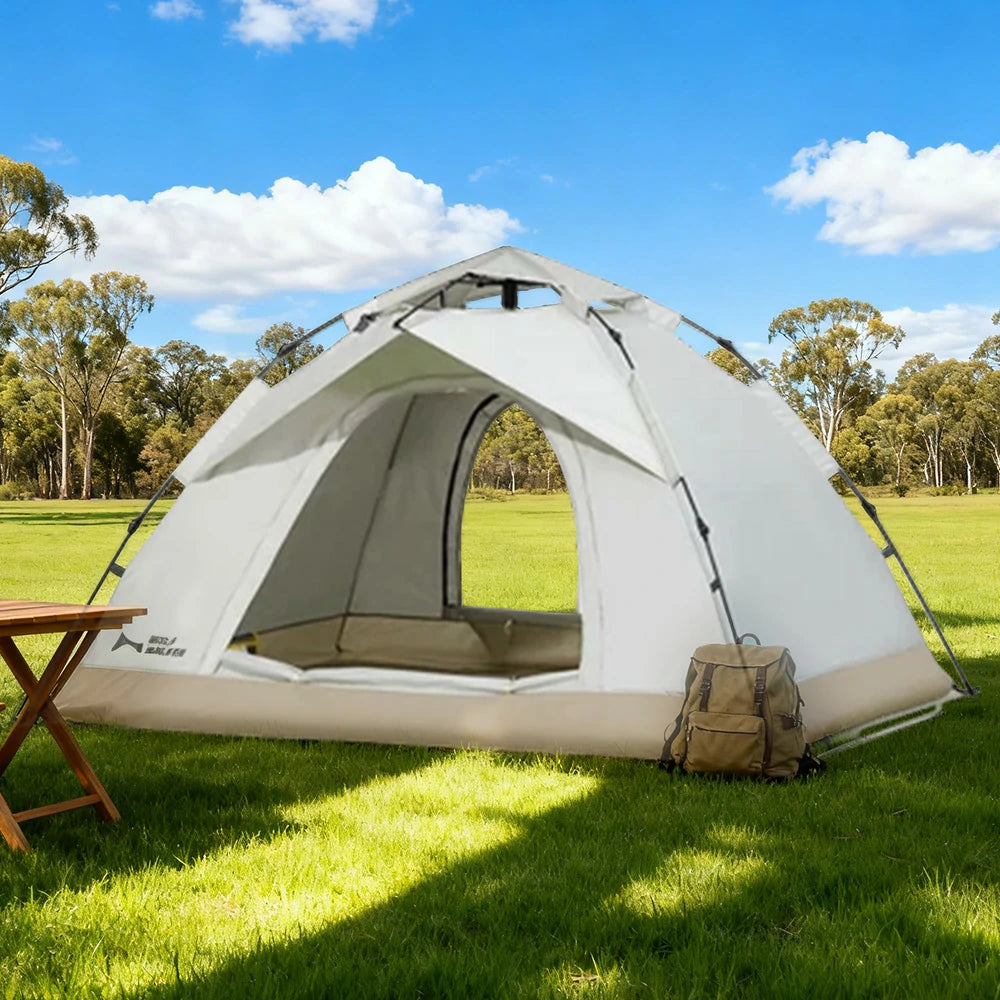 TREKKA Auto-Open Camping Tent UPF50 Plus - Silver-Coated Sun Protection, Dual Doors, Lightweight 2-3 Person Shelter - Off White