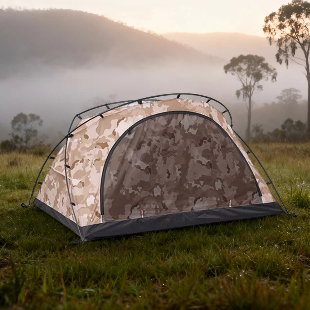 TREKKA Kangaroo-Style Camping Tent - Spacious Front Vestibule, Windproof & Waterproof, Stable Freestanding Shelter for 2 Person - Yellow Camo