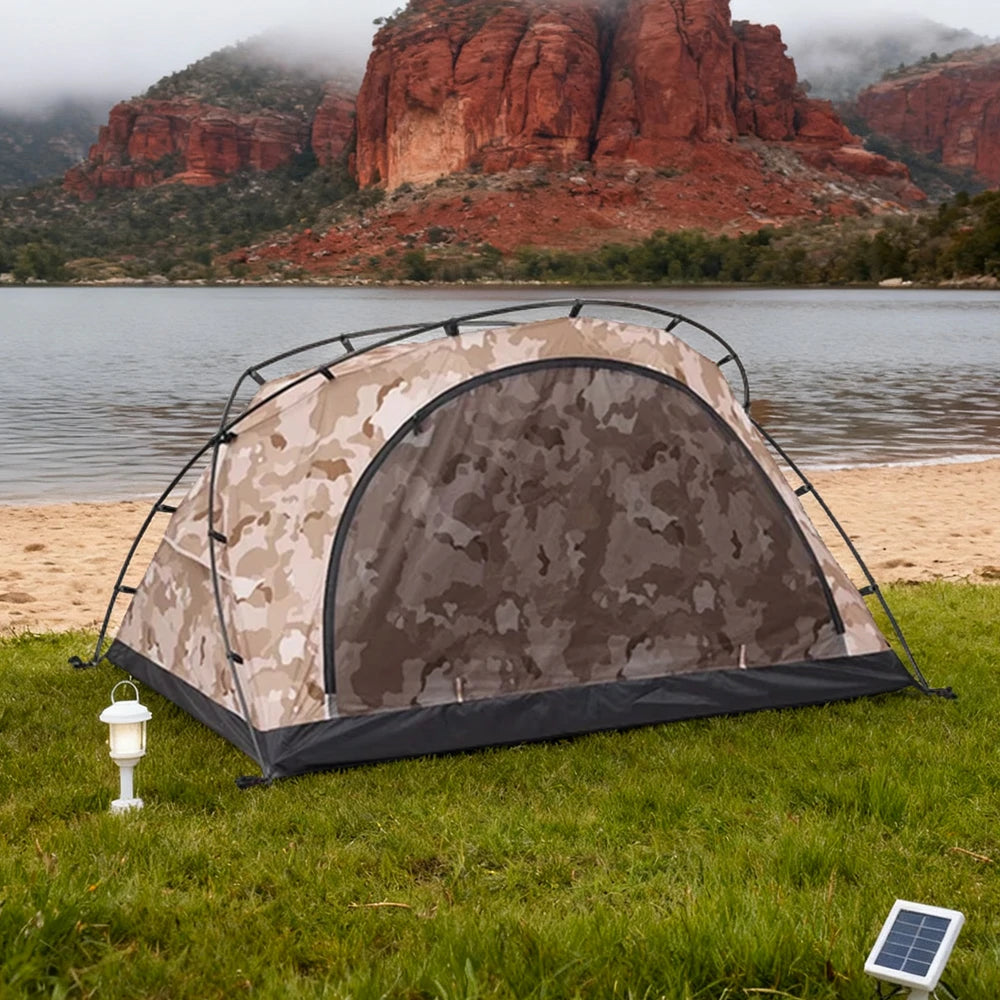 TREKKA Kangaroo-Style Camping Tent - Spacious Front Vestibule, Windproof & Waterproof, Stable Freestanding Shelter for 2 Person - Yellow Camo