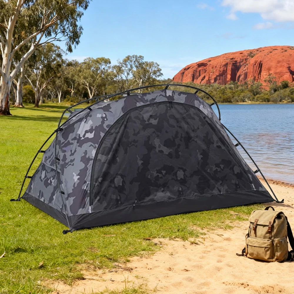 TREKKA Kangaroo-Style Camping Tent - Spacious Front Vestibule, Windproof & Waterproof, Stable Freestanding Shelter for 2 Person - Grey Camo