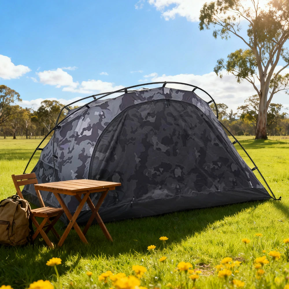 TREKKA Kangaroo-Style Camping Tent - Spacious Front Vestibule, Windproof & Waterproof, Stable Freestanding Shelter for 2 Person - Grey Camo