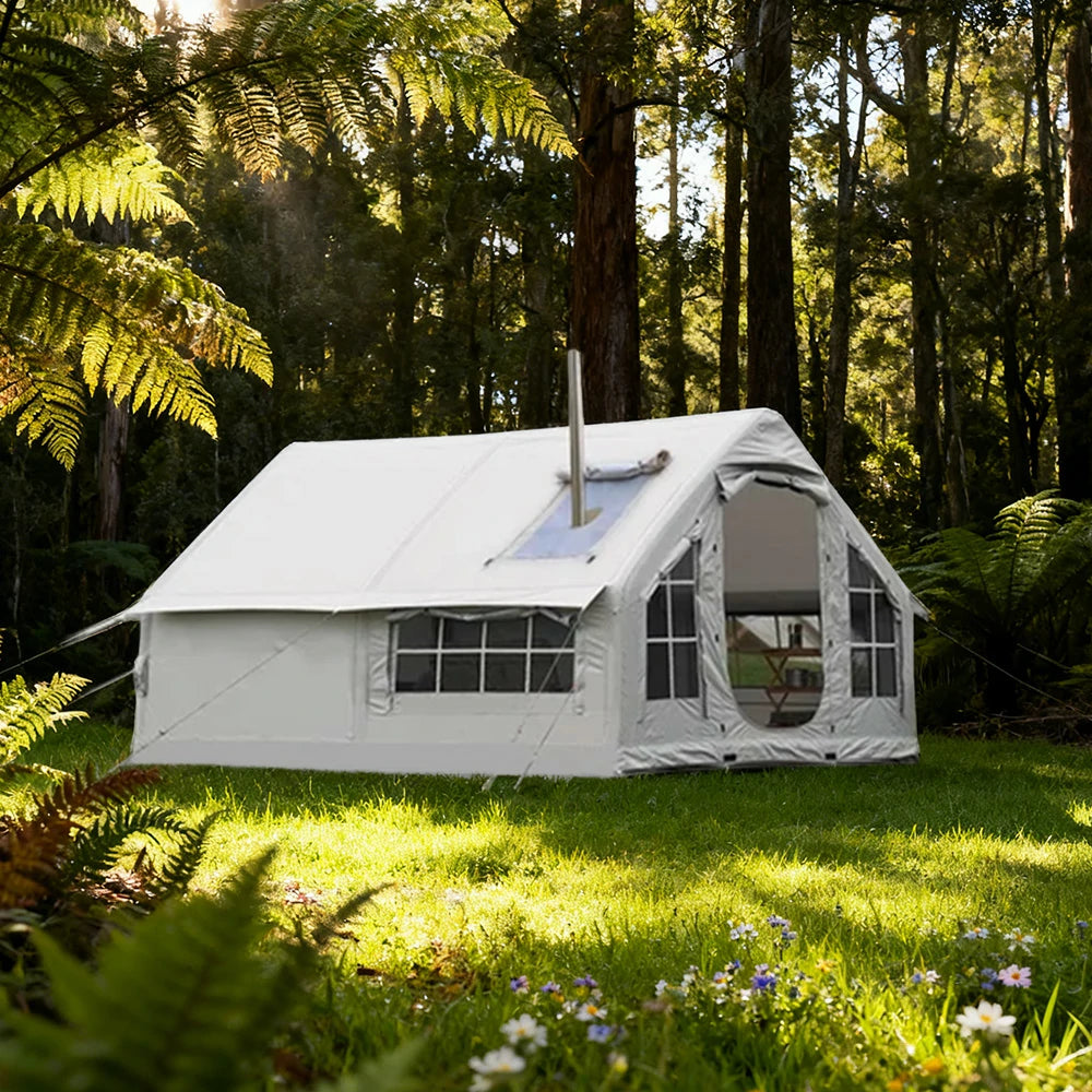 TREKKA 10 Square Meter Integrated Inflatable Camping Tent with Stove Jack & Air Pump - Wind-Resistant, Waterproof, Spacious All-Season Shelter - Grey