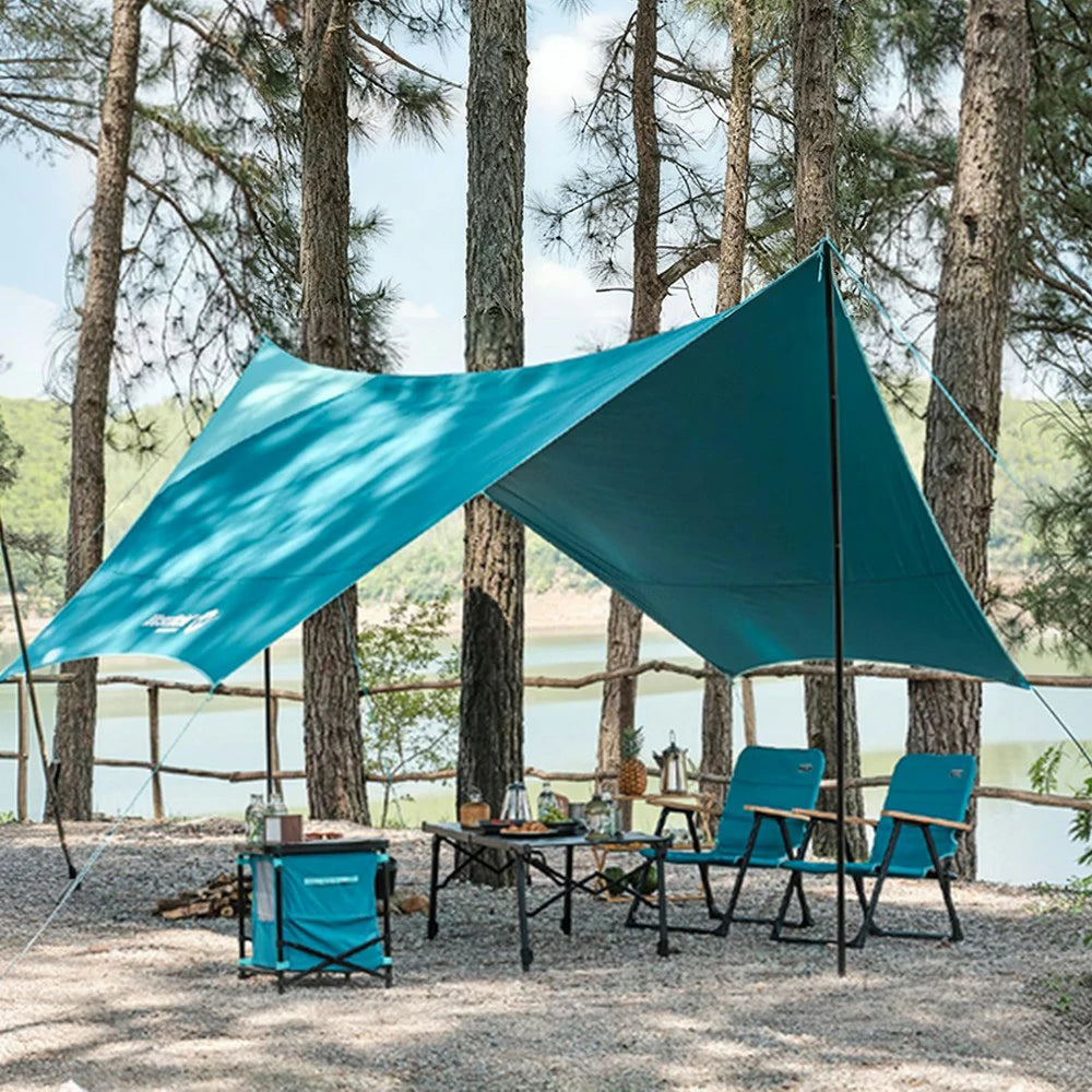 TREKKA 22 Square Meters Hexagonal Camping Tarp Shelter - Cotton-Touch Fabric, Wind-Resistant, Waterproof Sunshade for 4-8 People - Blue