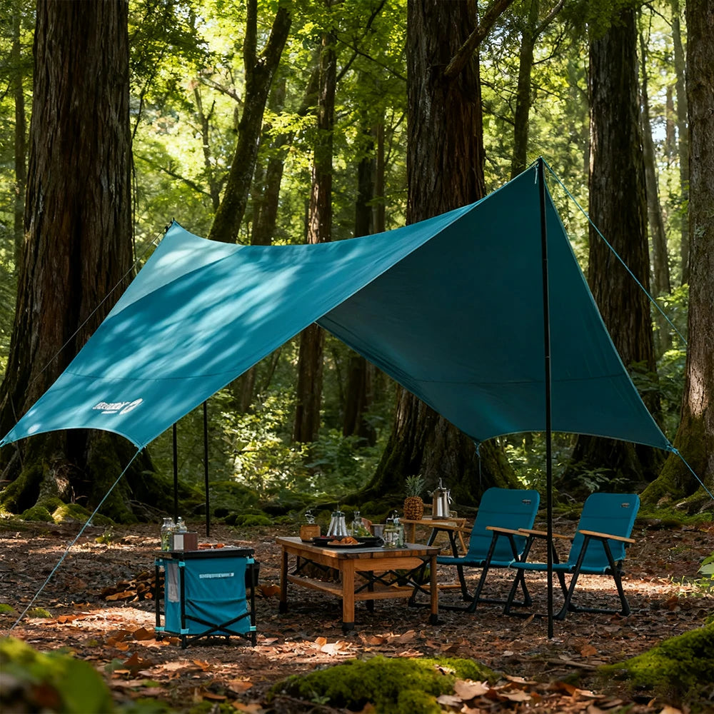 TREKKA 22 Square Meters Hexagonal Camping Tarp Shelter - Cotton-Touch Fabric, Wind-Resistant, Waterproof Sunshade for 4-8 People - Blue