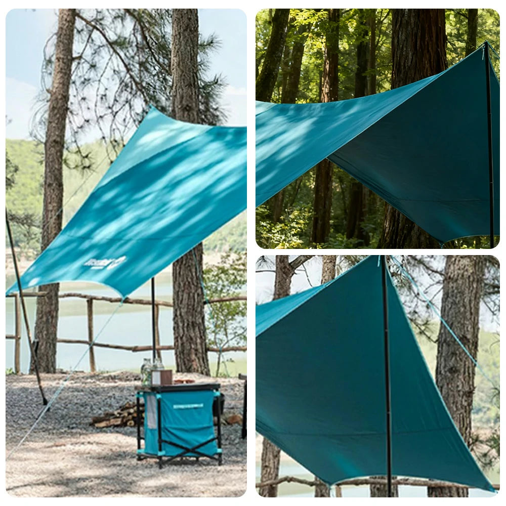 TREKKA 22 Square Meters Hexagonal Camping Tarp Shelter - Cotton-Touch Fabric, Wind-Resistant, Waterproof Sunshade for 4-8 People - Blue