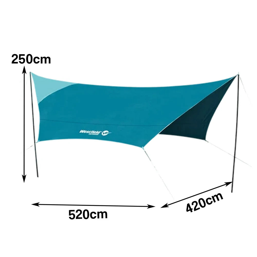 TREKKA 22 Square Meters Hexagonal Camping Tarp Shelter - Cotton-Touch Fabric, Wind-Resistant, Waterproof Sunshade for 4-8 People - Blue