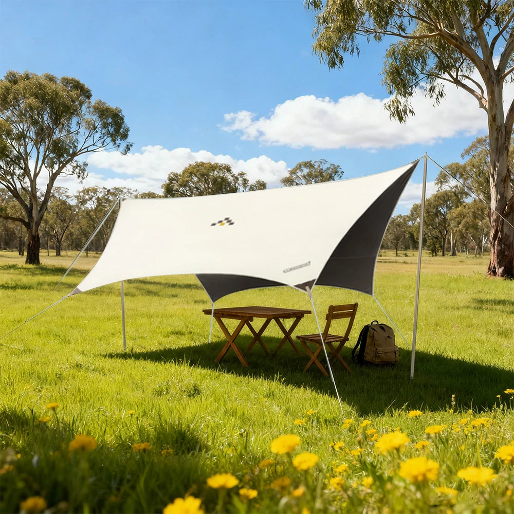 TREKKA 20 Square Meter Hexagonal Blackout Canopy - UPF50 Plus Sun Protection, 2.45m High Poles, Tear-Resistant 210D Oxford Shade Shelter - Beige